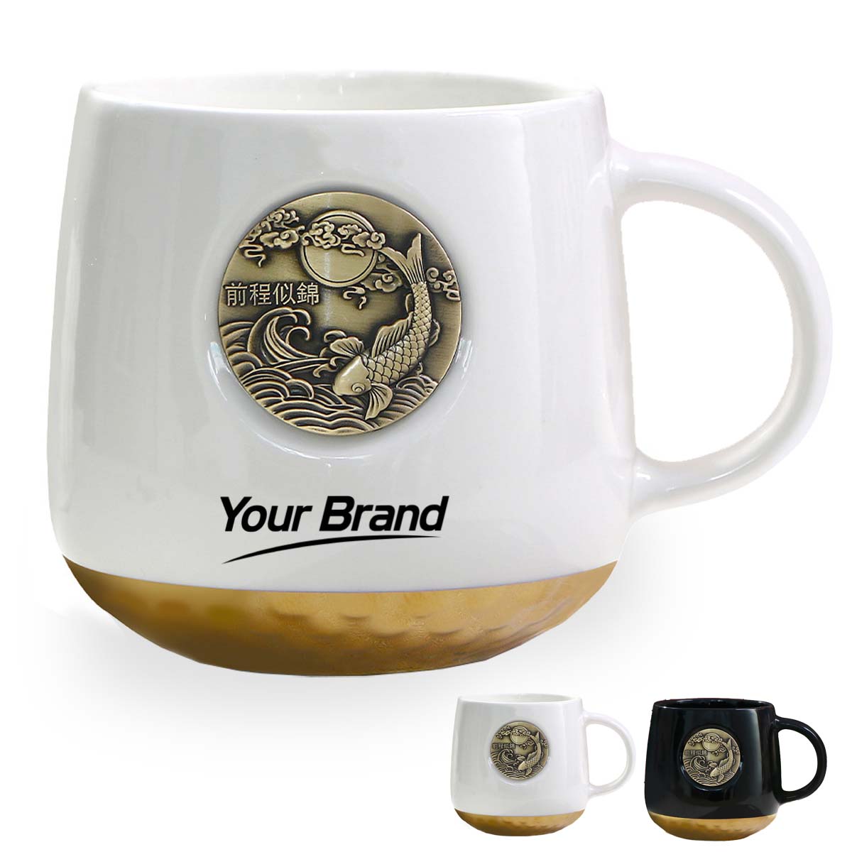 13oz Elegant Ceramic Coffee Mug With Vintage Metal Emblem