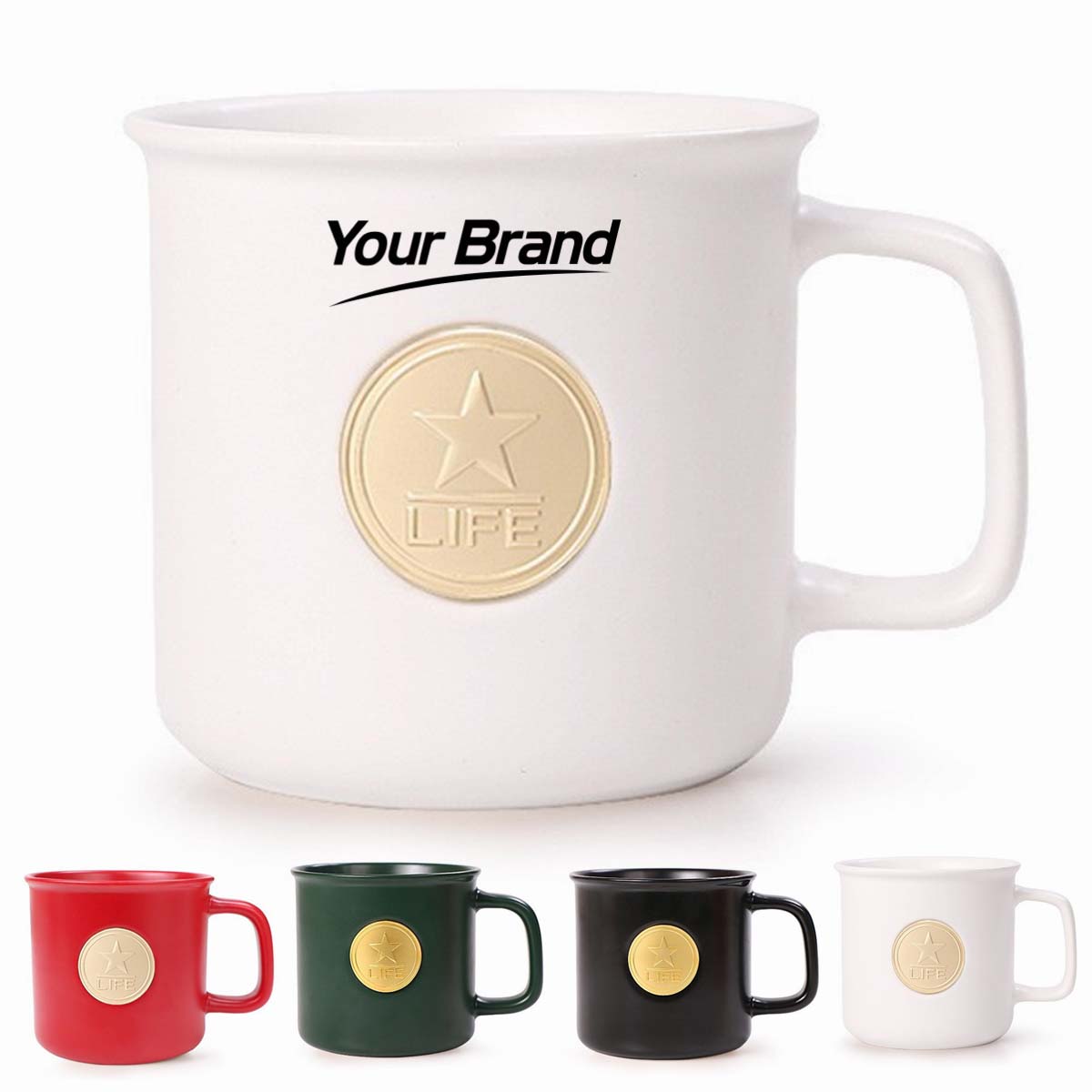 13oz Minimalist Ceramic Coffee Mug With Gold Badge Accent
