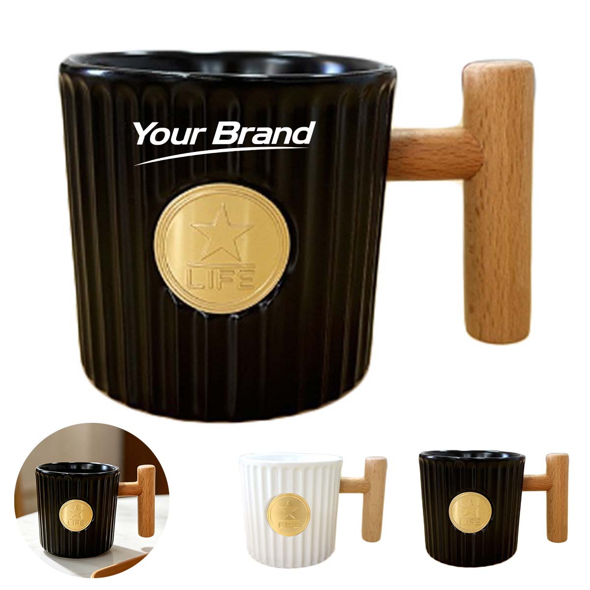 13oz Vintage Ceramic Coffee Mug With Wooden Handle