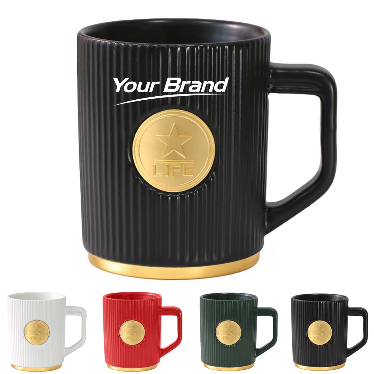 13oz Elegant Ribbed Ceramic Coffee Mug With Gold Accent
