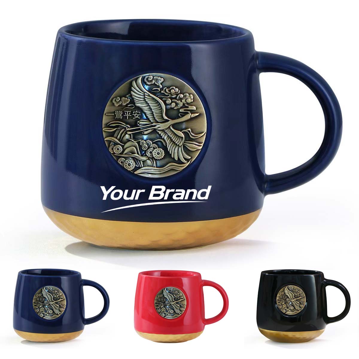 13oz Vintage Ceramic Coffee Mug With Metal Badge Accent