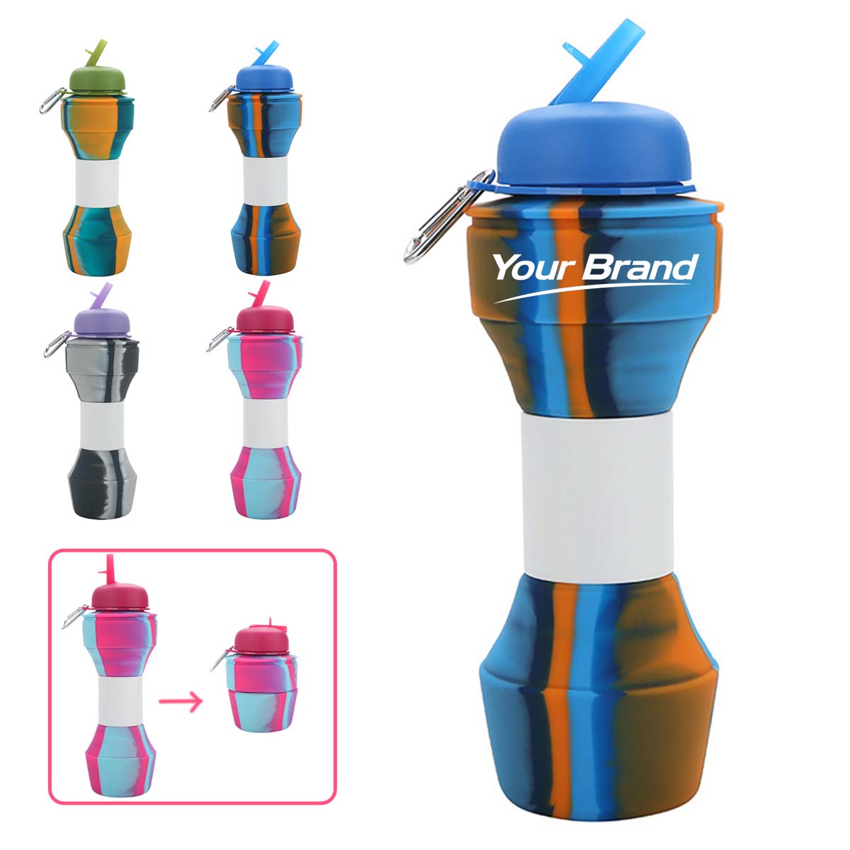 22oz Collapsible Silicone Travel Bottle With Straw Lid