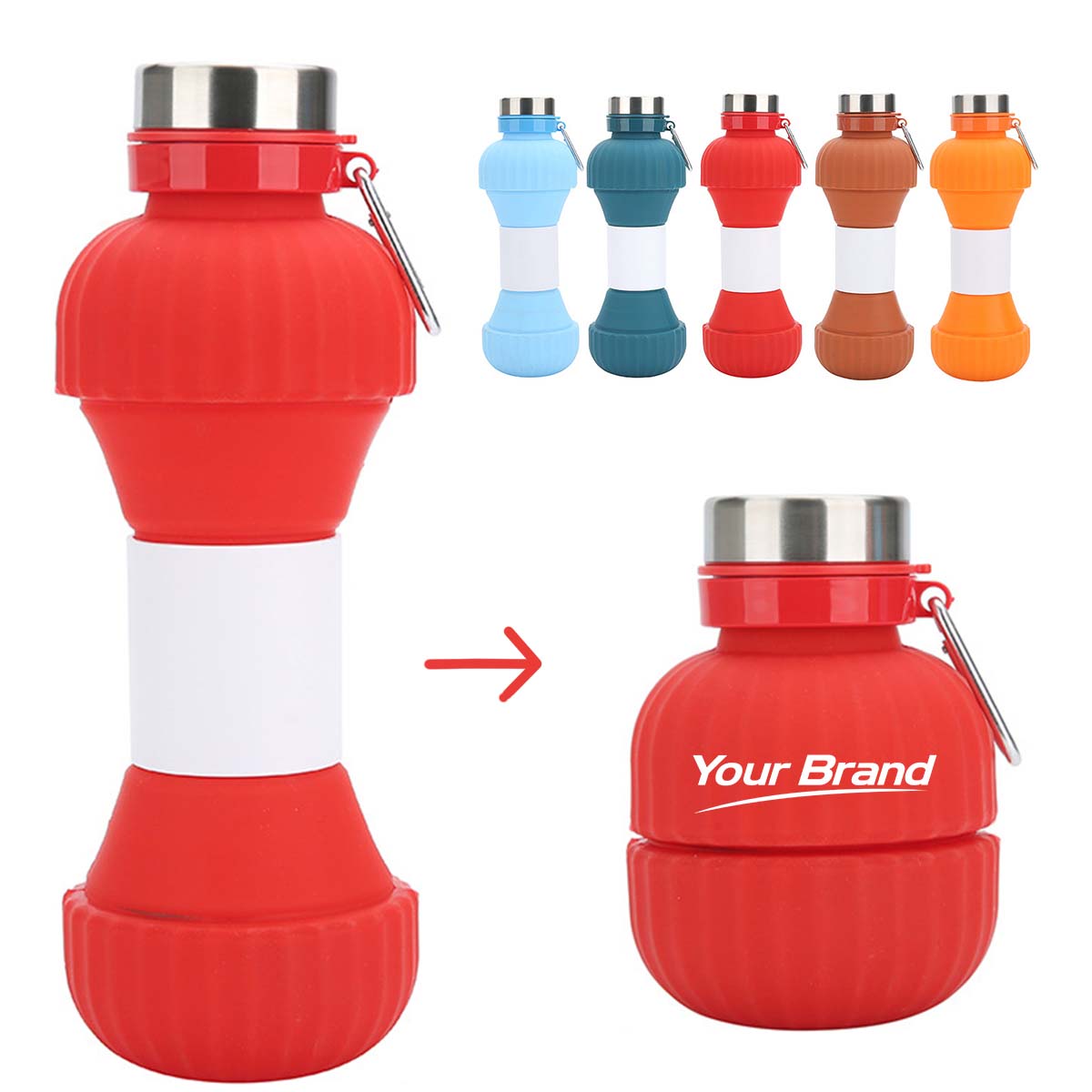 22oz Foldable Silicone Water Bottle With Carabiner Clip