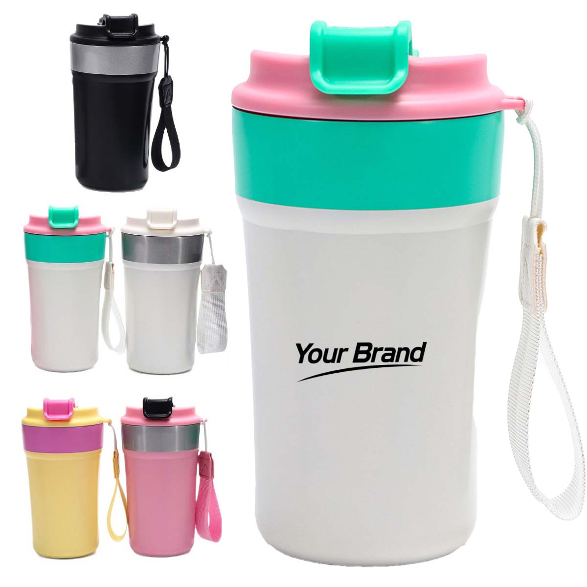 16oz Portable Travel Coffee Mug With Carry Strap