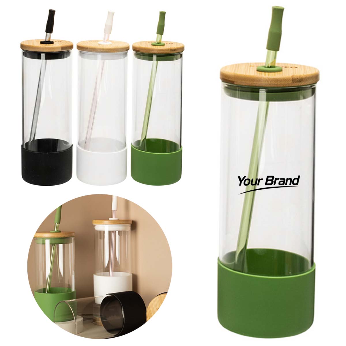 24oz Glass Tumbler With Bamboo Lid And Straw