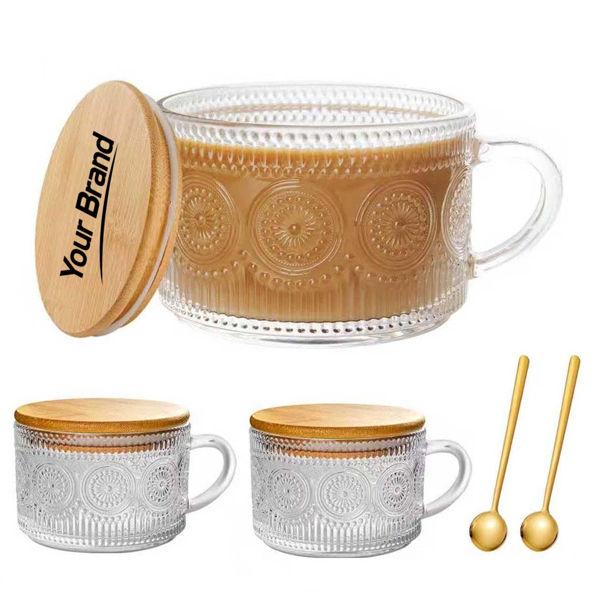 Vintage Glass Coffee Mug With Bamboo Lid Spoon