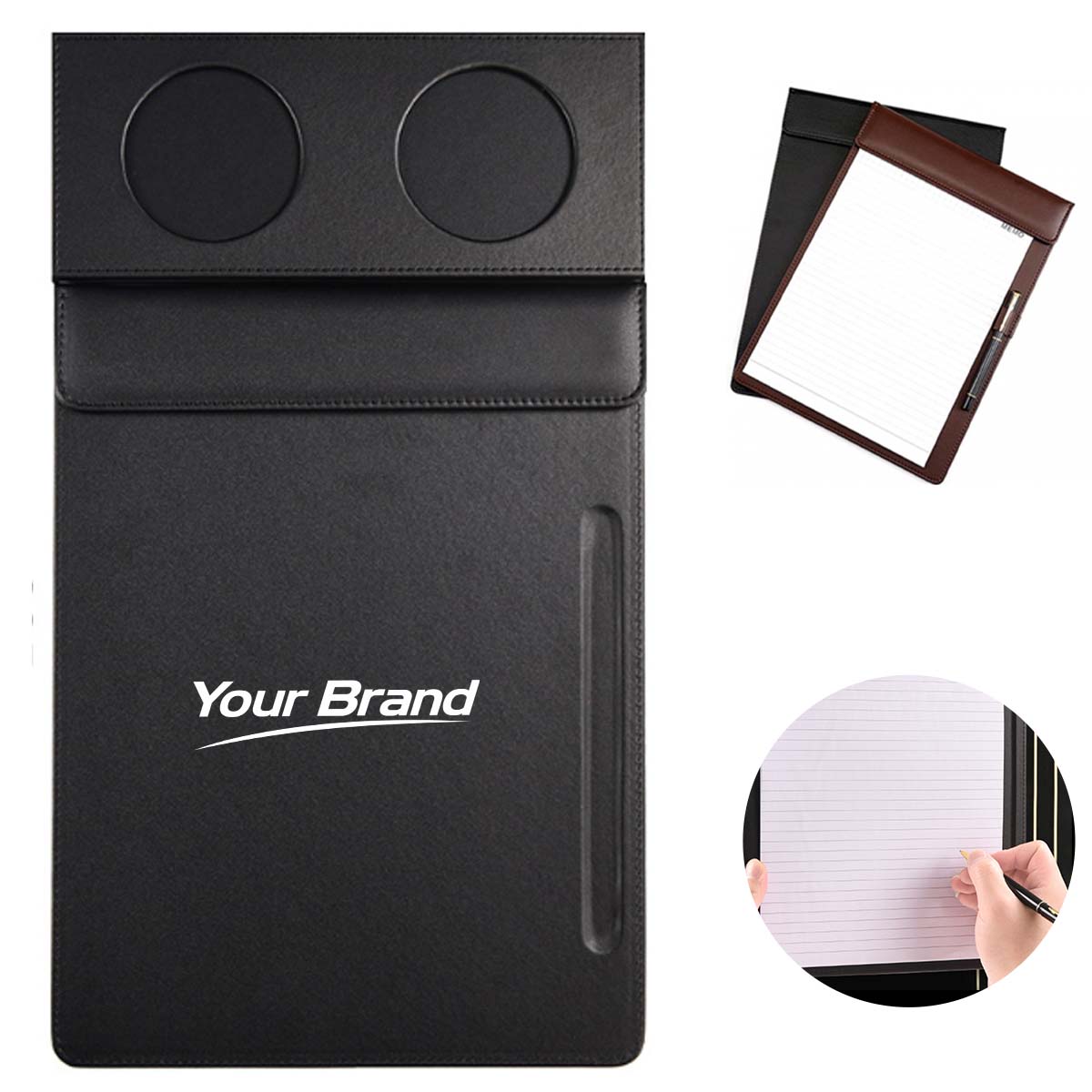 A4 PU Leather Conference Pad w/ Dual Cup Holders & Pen Slot