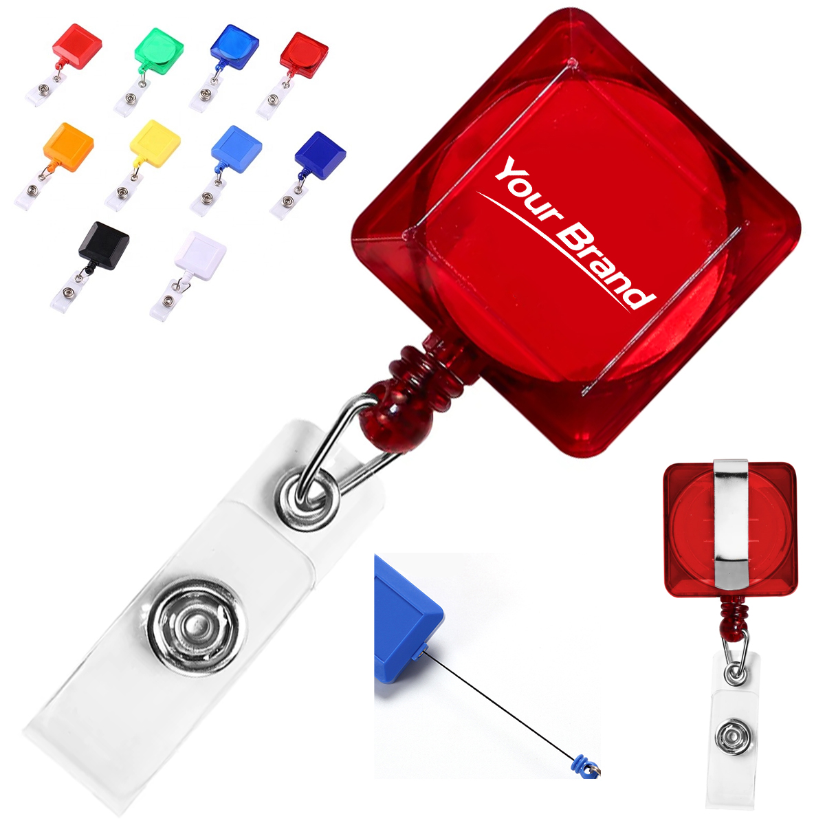 Translucent Square Retractable Badge Reel with Vinyl Strap