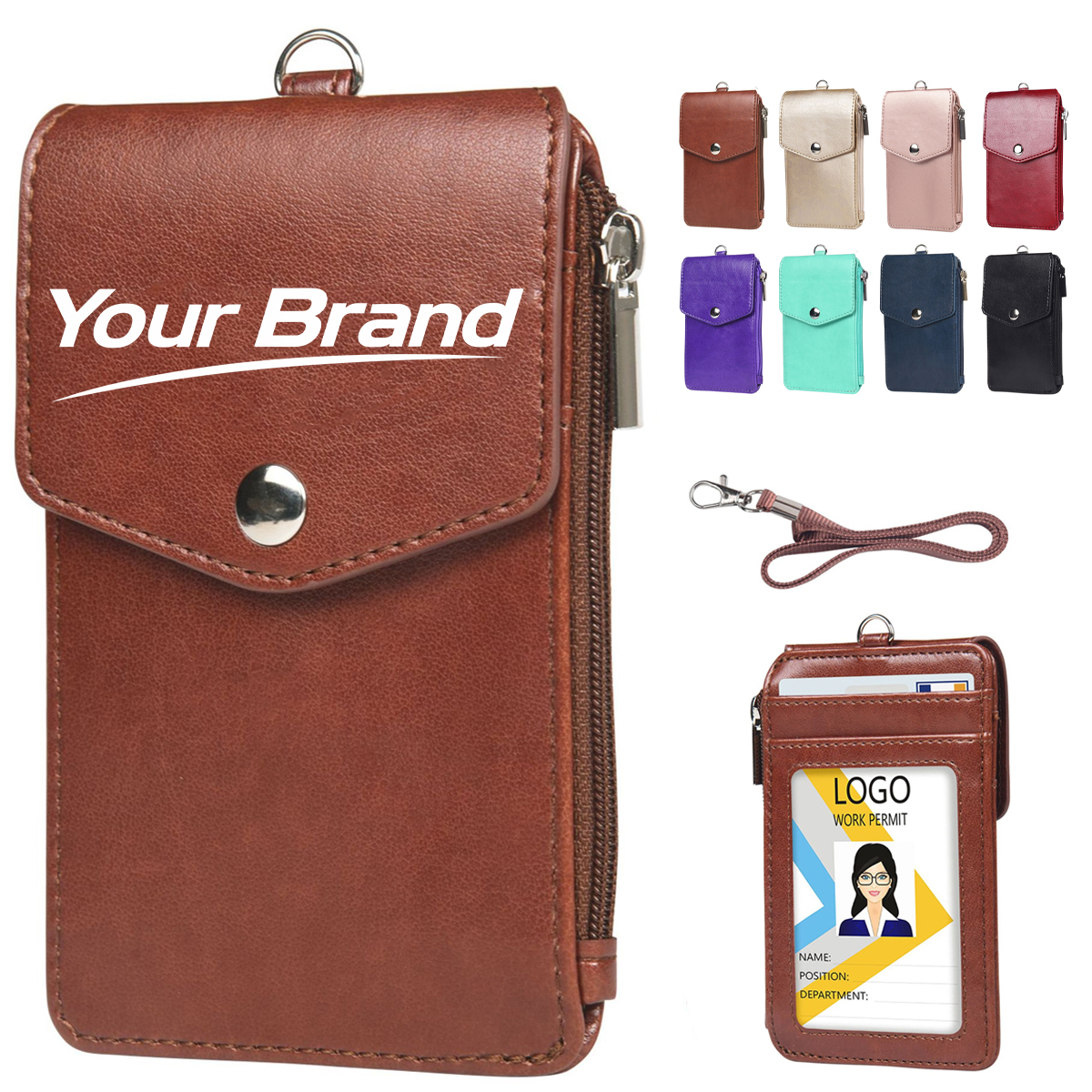 Universal Vegan Leather Zippered ID Card Wallet With Lanyard