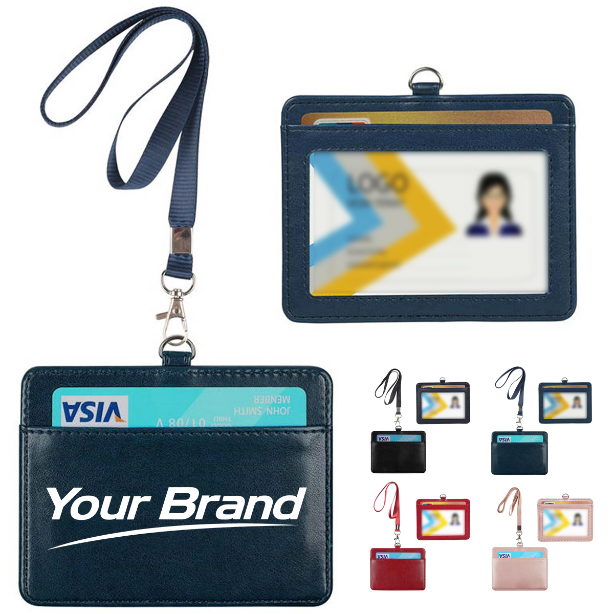 Horizontal PU Leather Zippered ID Card Wallet with Lanyard