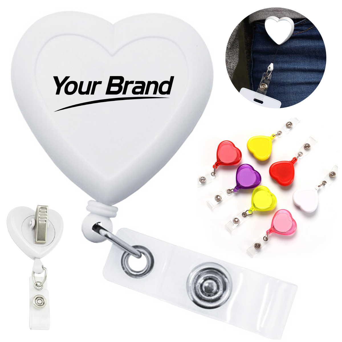 Heart Shaped Retractable Badge Reel with Clear Vinyl Strap