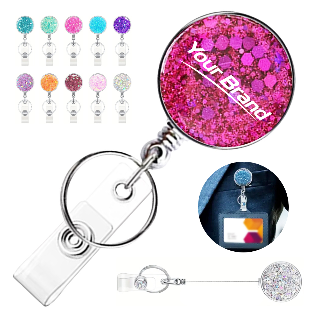 Retractable Glitter Square Badge Reel with Belt Clip