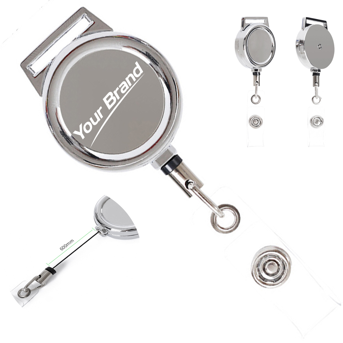 Chrome Metal Retractable Badge Reel With Square Top Loop