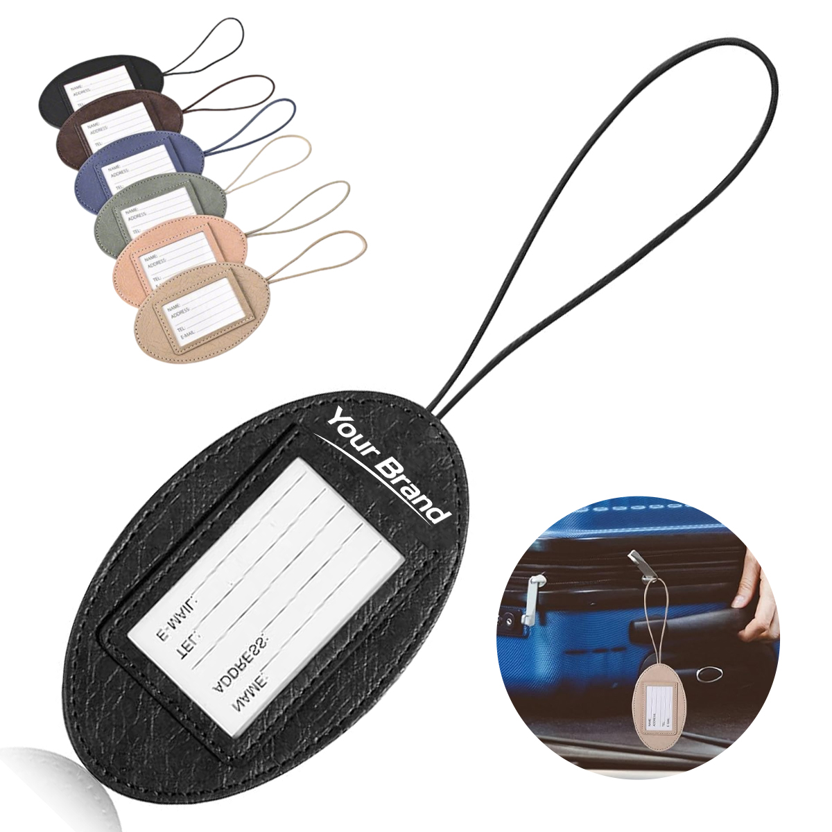 PU Leather Oval Privacy Luggage Tag With Elastic Strap