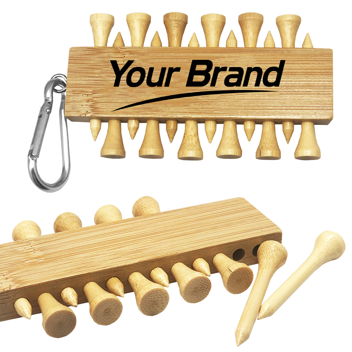 Bamboo Golf Tee Holder Caddy With Carabiner Clip