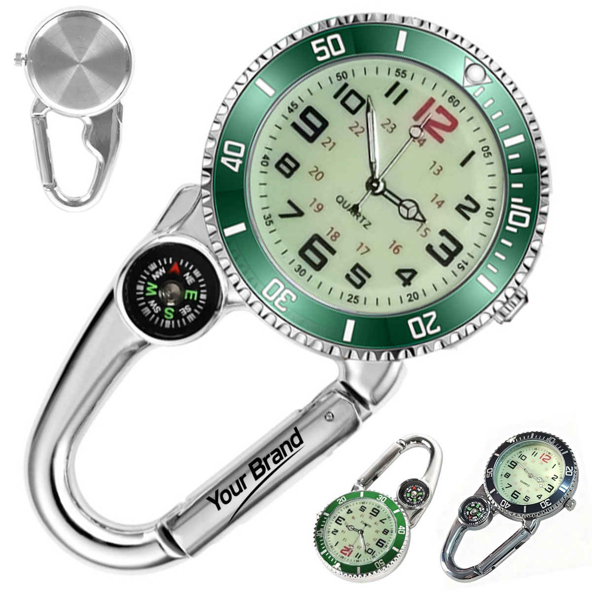 Luminous Quartz Carabiner Clip Watch with Compass