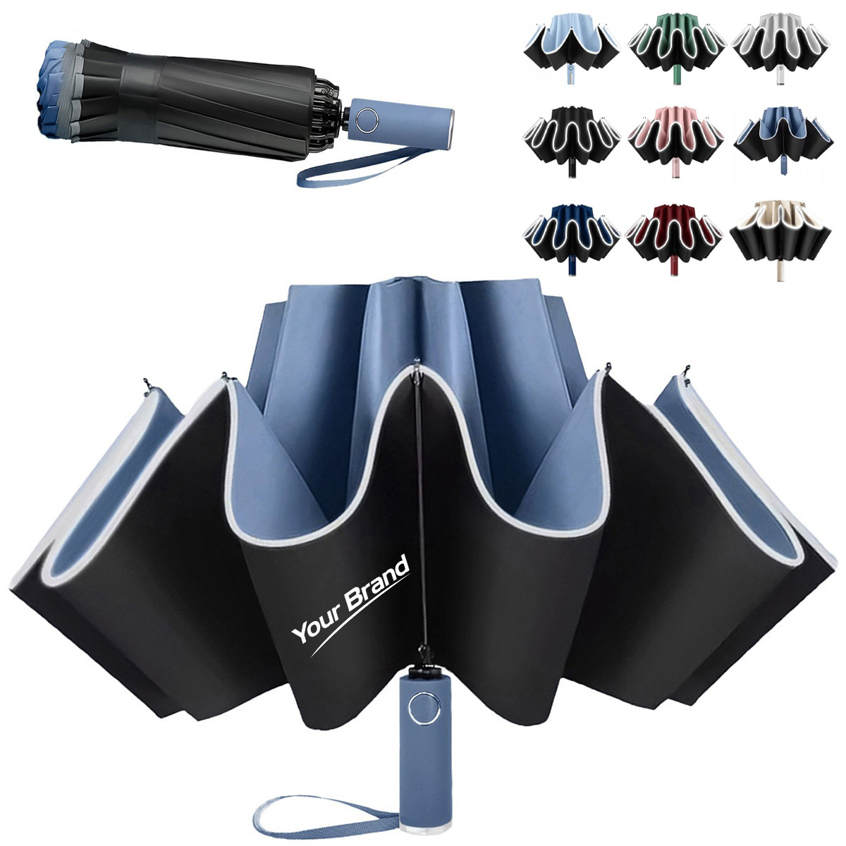 42" Automatic Inverted Safety Reflective Travel Umbrella