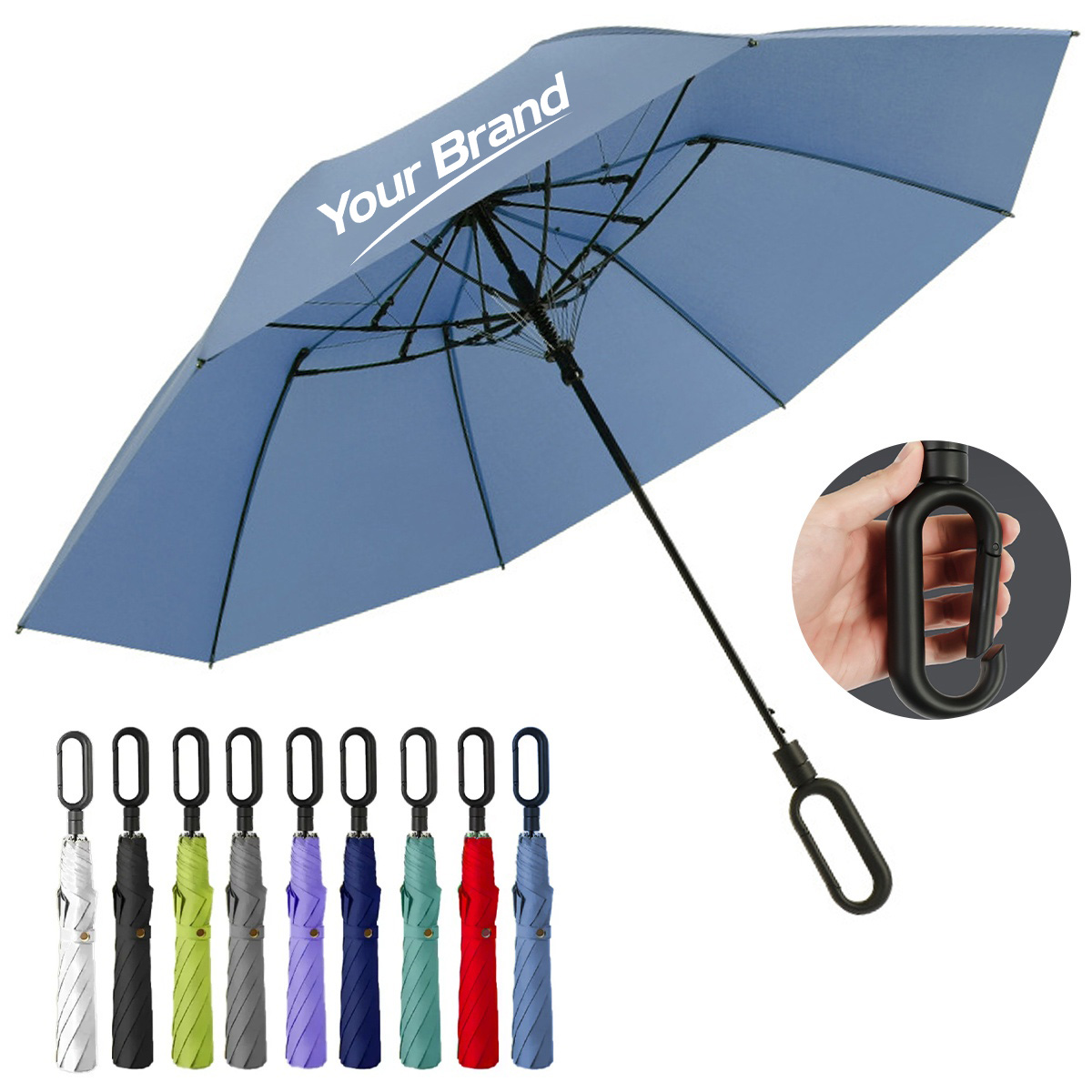 Portable Carabiner Clip Handle Automatic Travel Umbrella