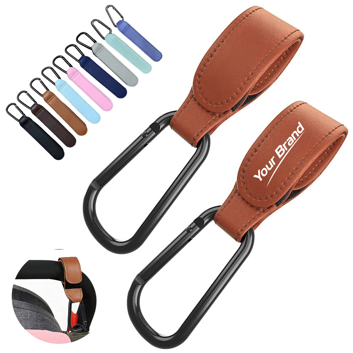 PU Leather Stroller Hook With Heavy Duty Carabiner Clip