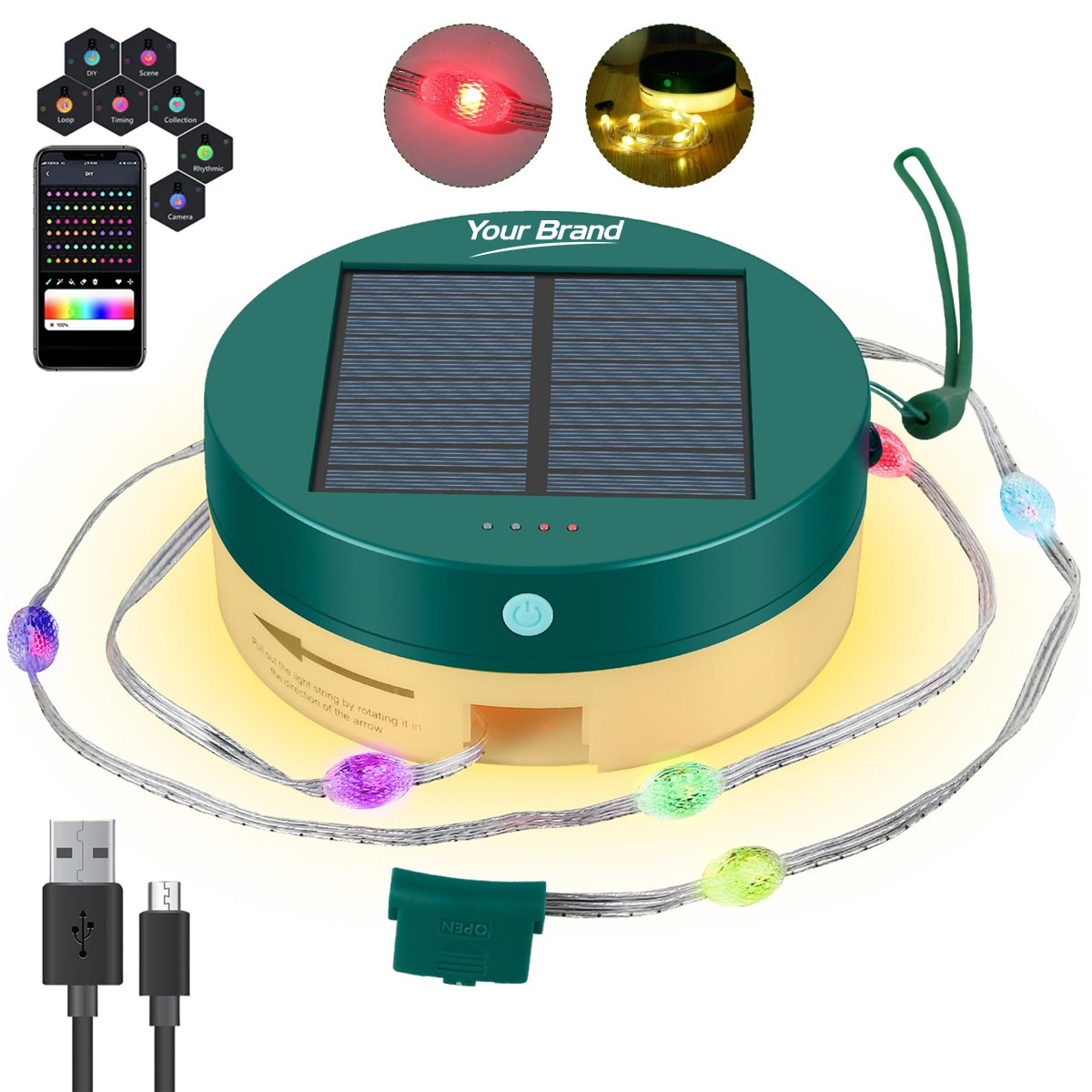 Solar Powered Retractable RGB LED Camping String Light