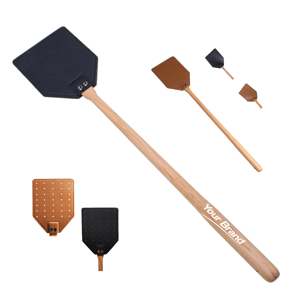 Long Handle Wood Leather Fly Swatter
