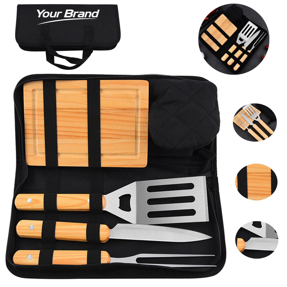 5 Piece Wood Handle BBQ Grill Tool Set In Zippered Case