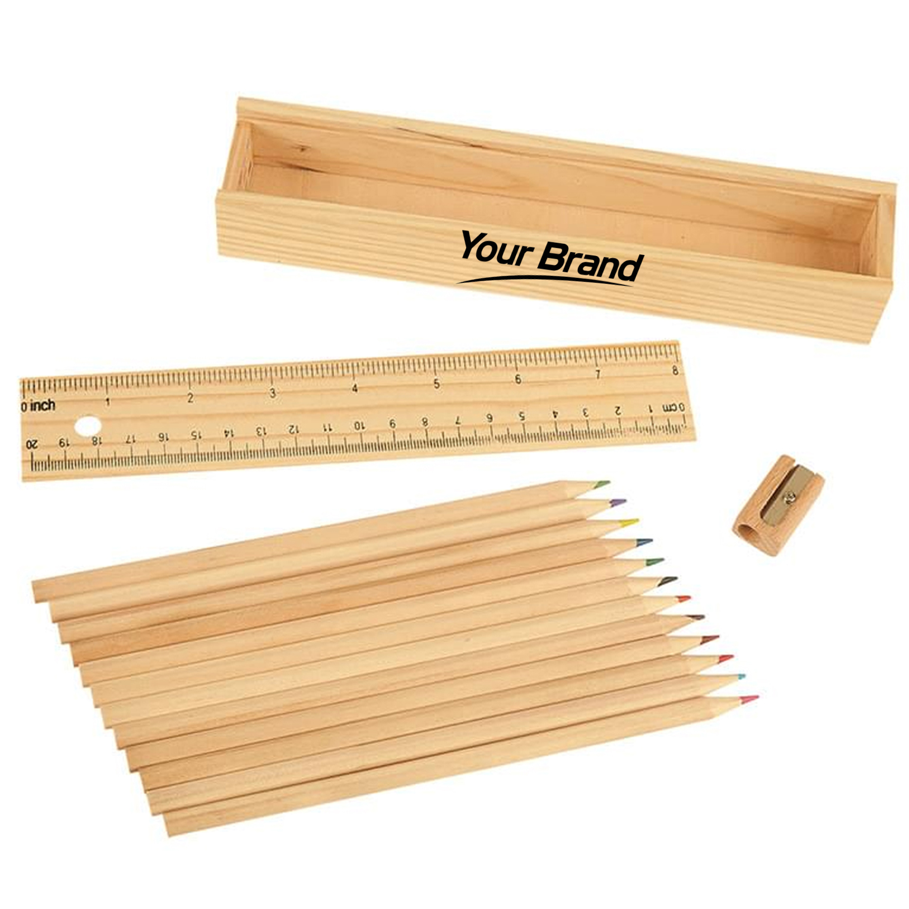 Wooden 12 Pcs Colored Pencil Set With Ruler Lid