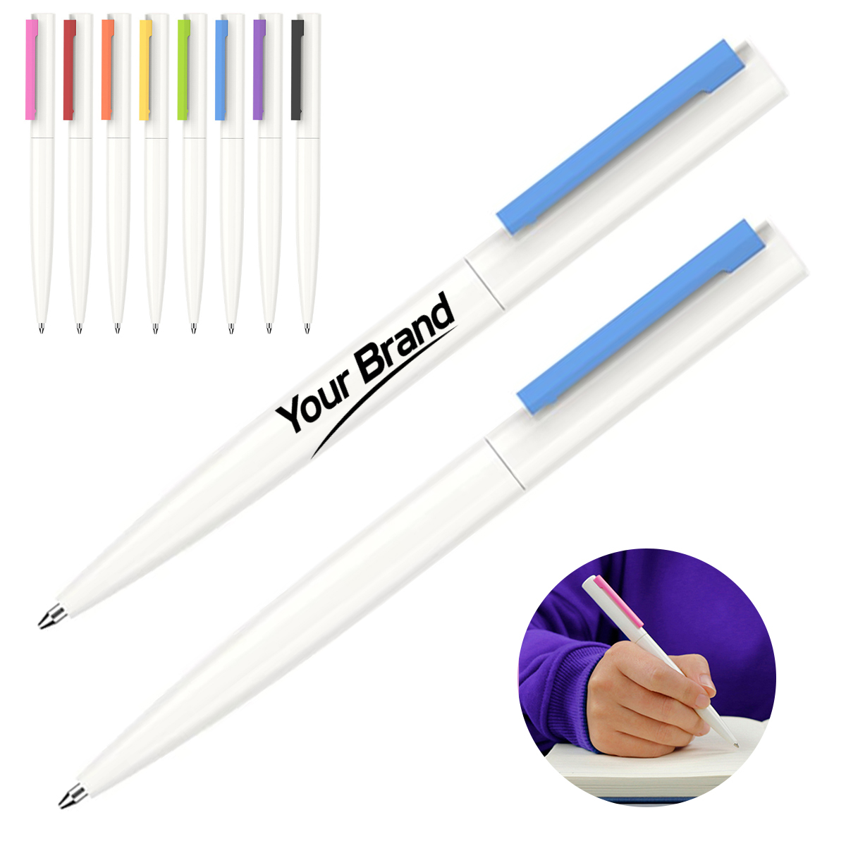 Barrel Retractable Ballpoint Pen With Colored Clip