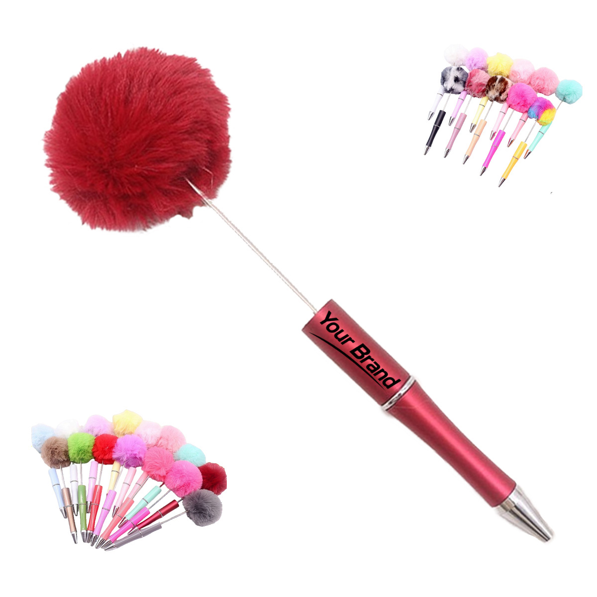 Fluffy Faux Fur Pom Pom Beadable Ballpoint Pen