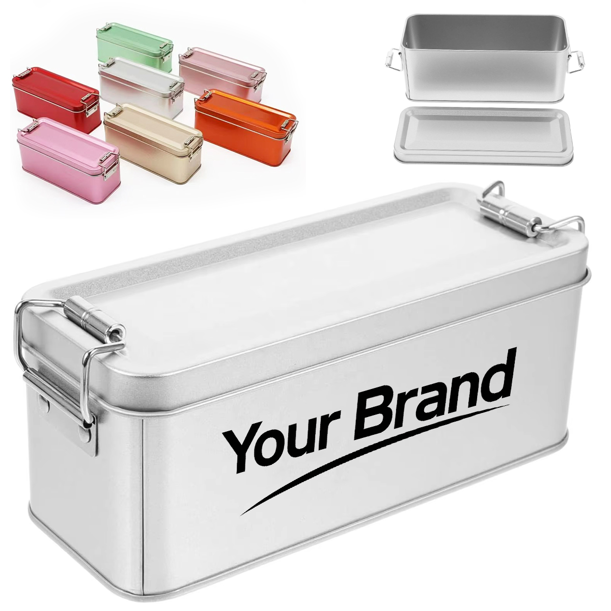 Rectangular Metal Hinged Tin Box with Buckle Latch