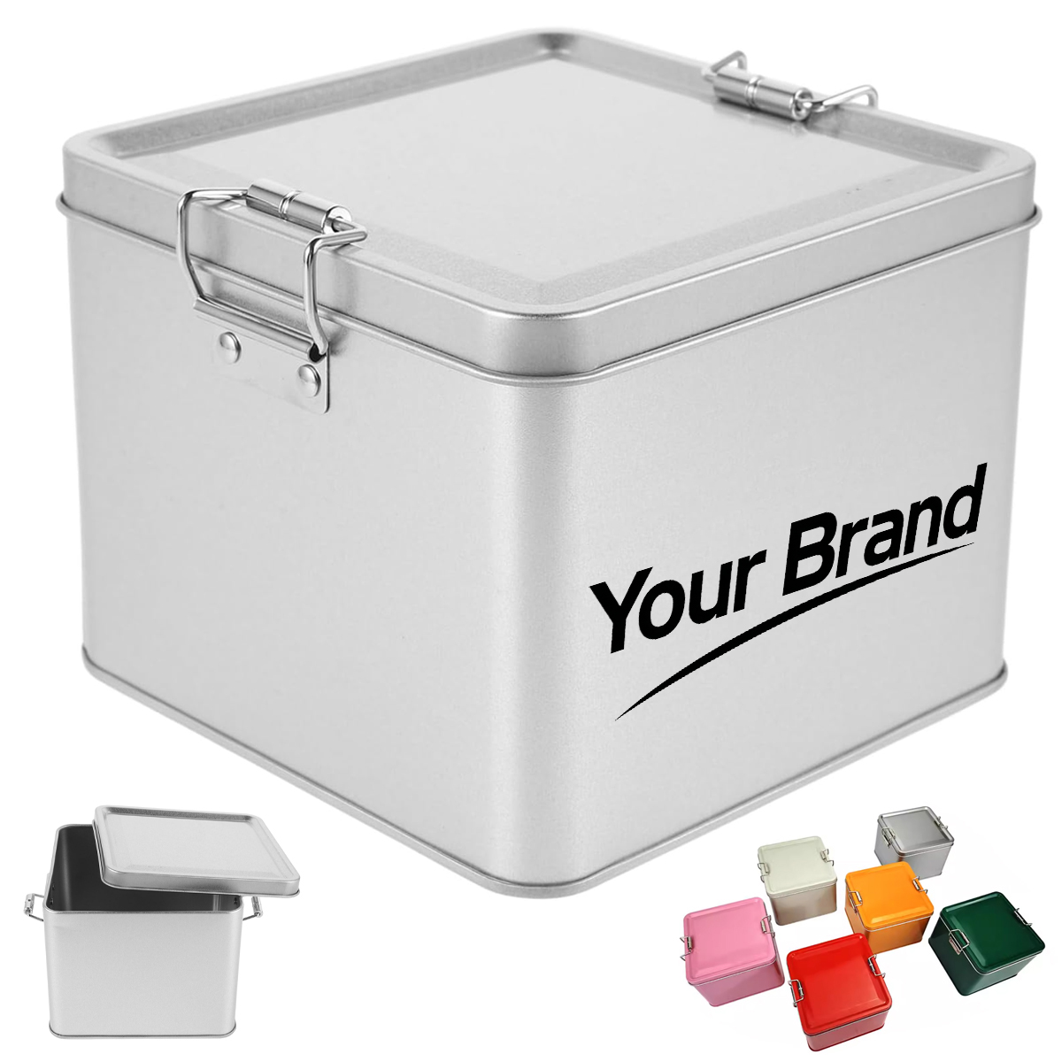 Rectangular Metal Hinged Tin Box with Buckle Latch