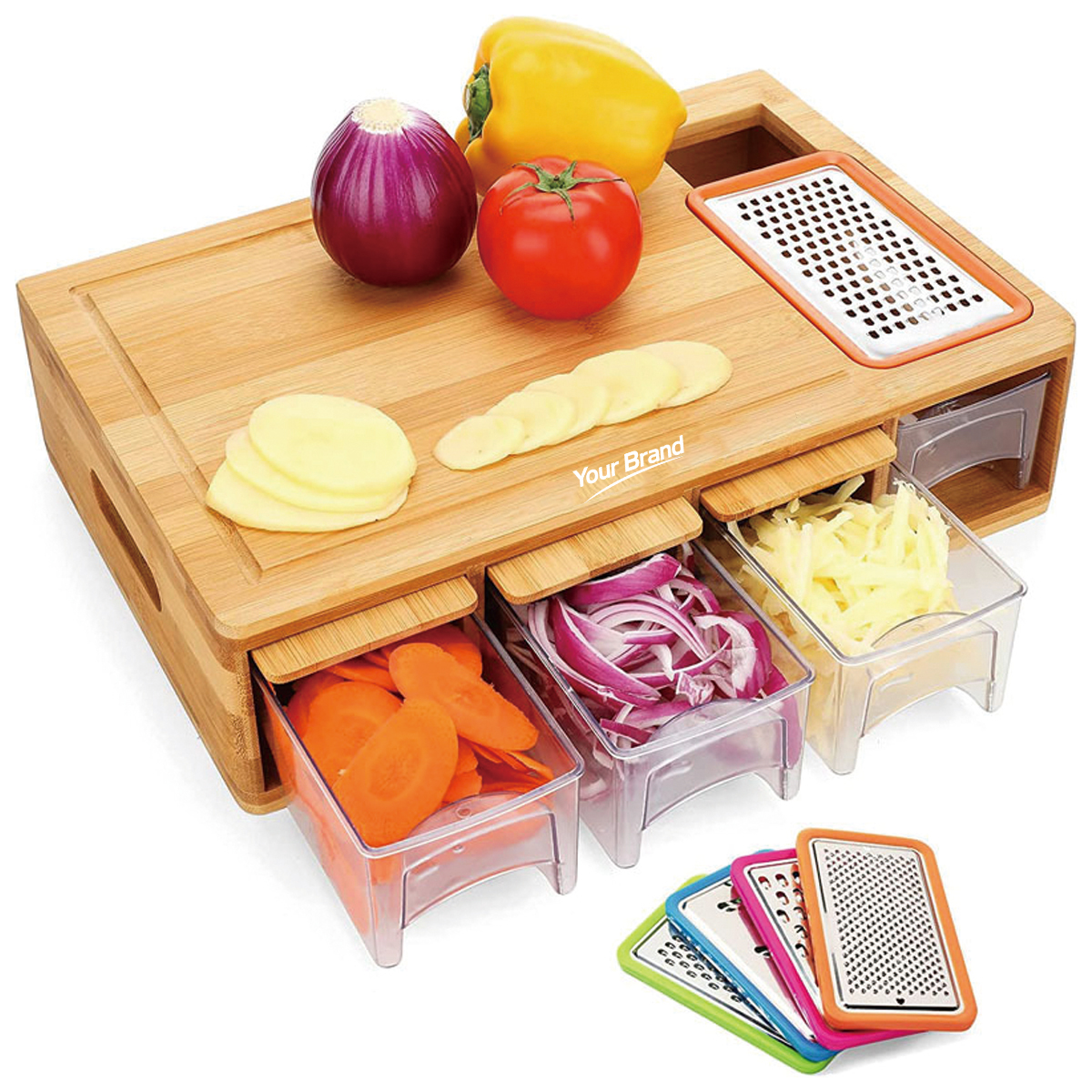 Functional Bamboo Cutting Board with Prep Drawers & Graters