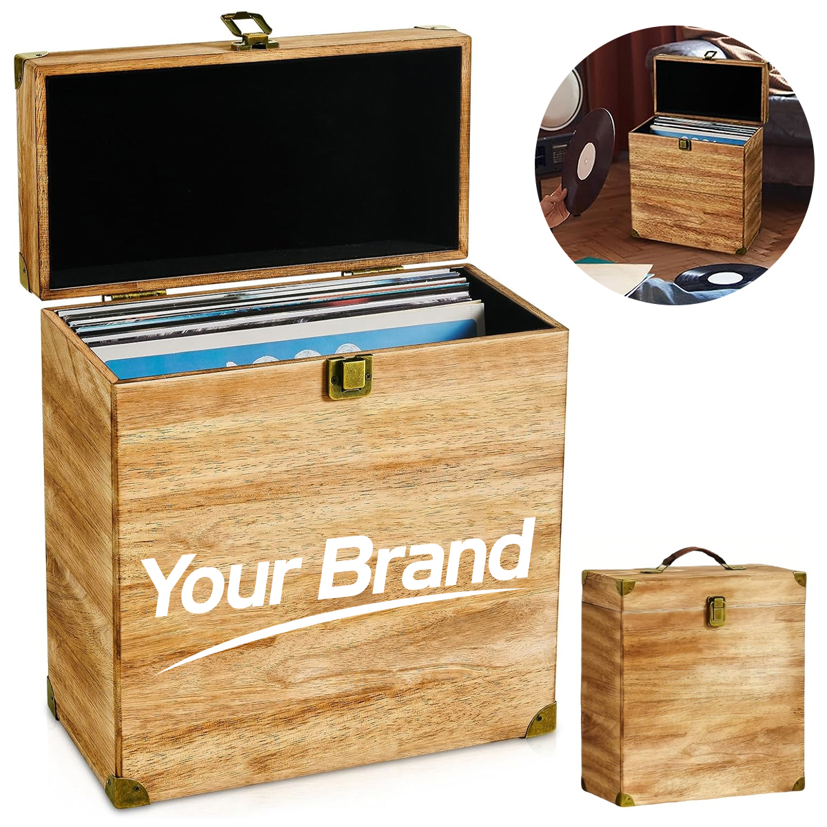 Vintage Wooden Vinyl Record Storage Crate with Lid