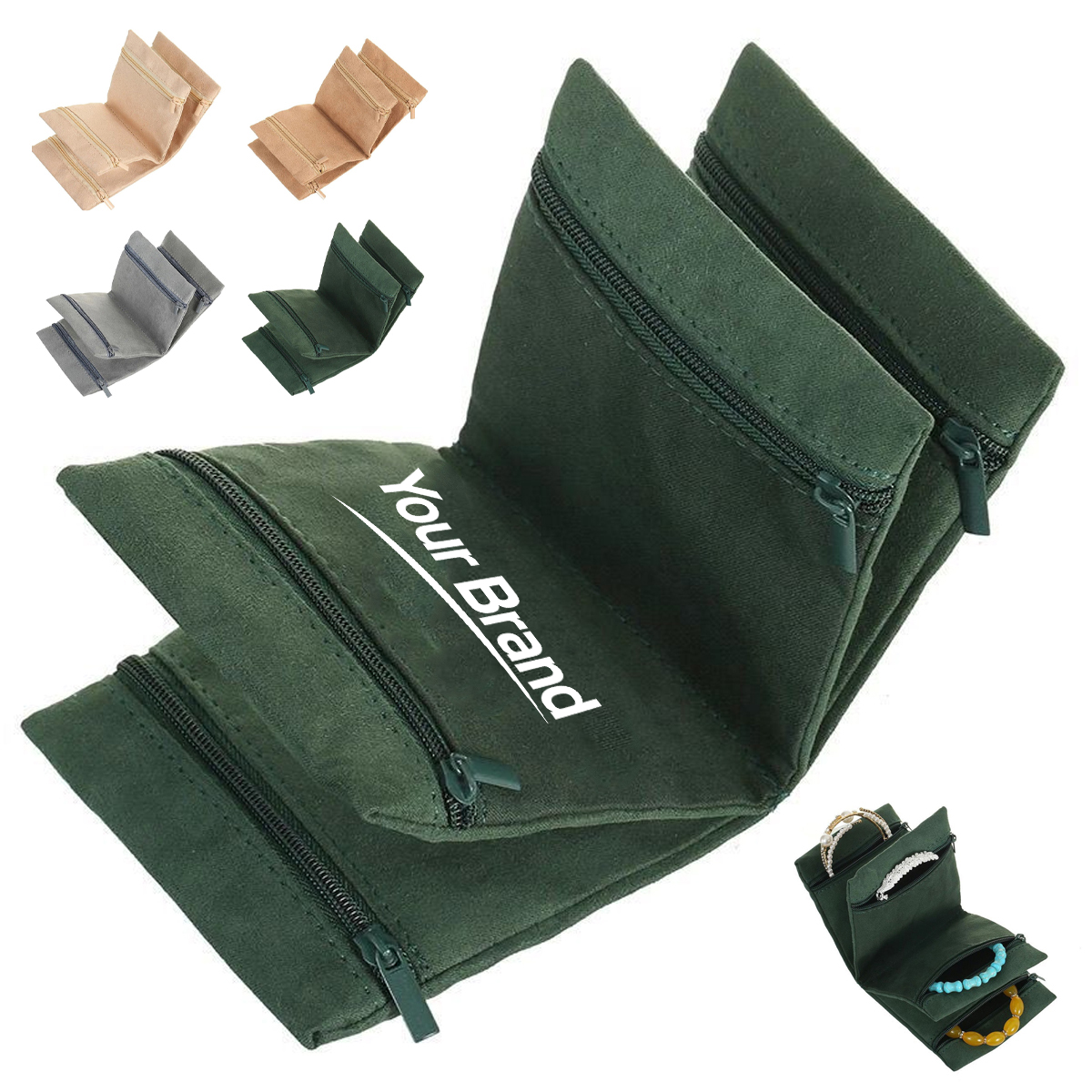 Foldable 4-Zipper Pocket Velvet Jewelry Roll Organizer