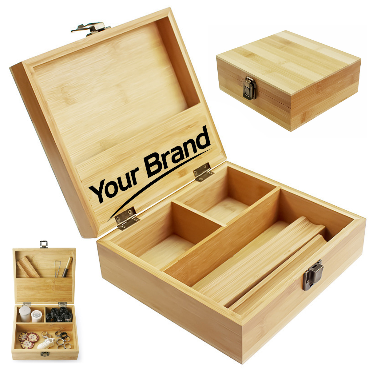 Premium Bamboo Wooden Storage Box w/ Metal Latch & Dividers