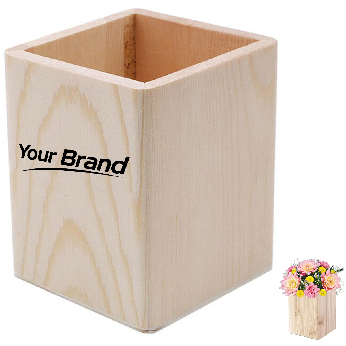 Square Unfinished Solid Wood DIY Pen Holder & Desk Organizer