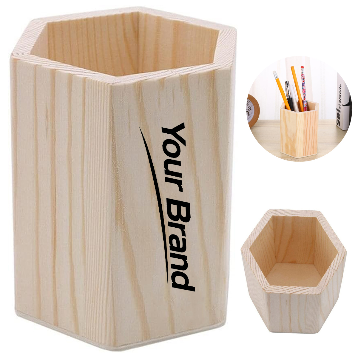 Hexagon Unfinished Solid Wood DIY Pen Holder &Desk Organizer