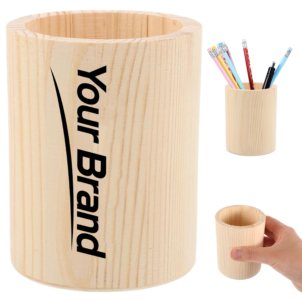 Cylindrical Solid Wood Pen Holder for Desk Organization