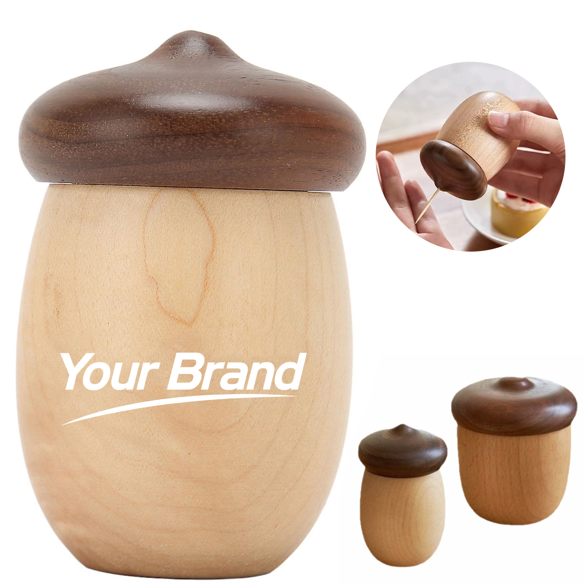 Solid Wood Acorn Shaped Toothpick Holder & Cotton Swab Box