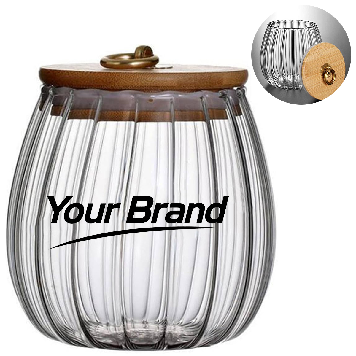 25.5oz. Ribbed Glass Storage Jar w/ Bamboo Lid & Ring Handle