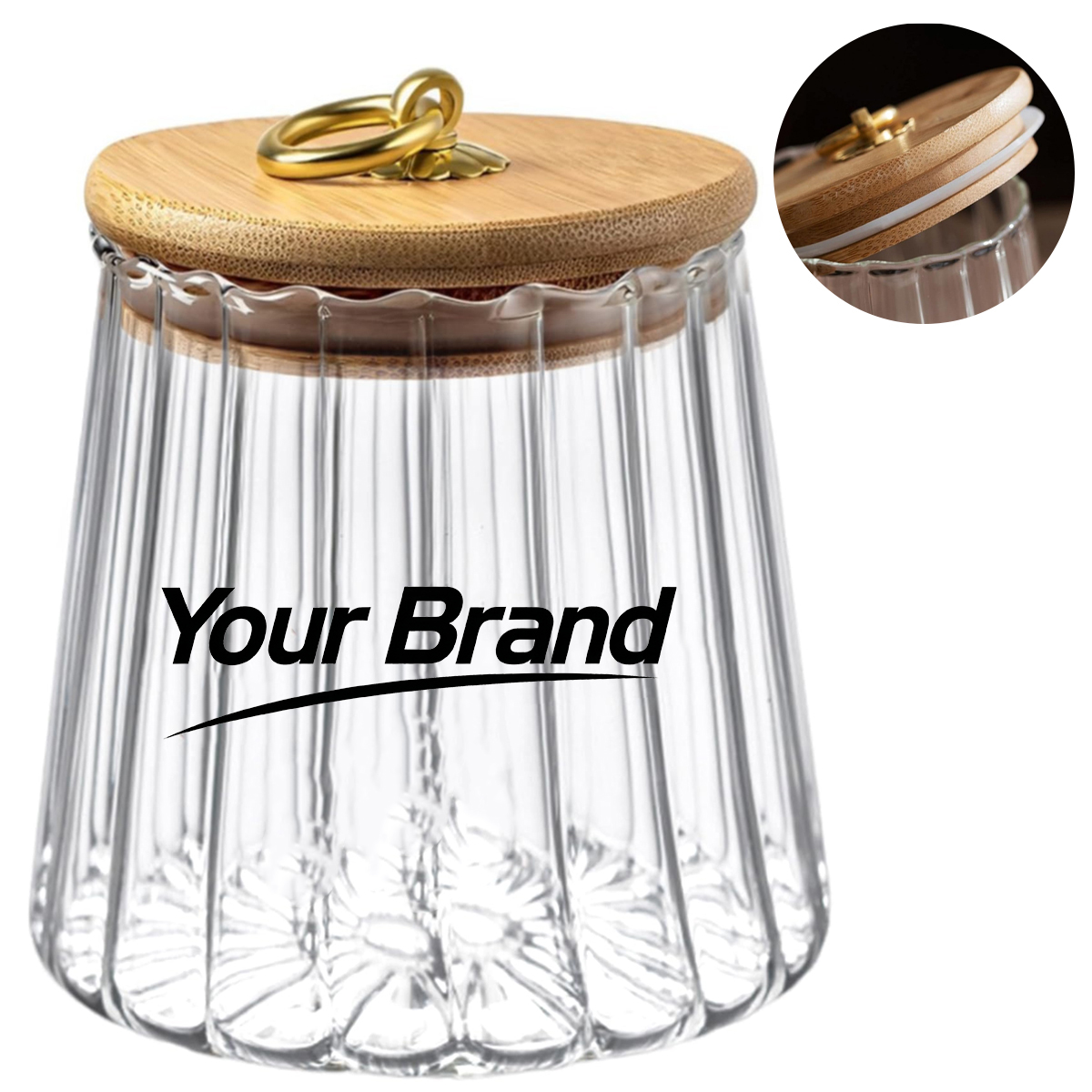 22oz. Ribbed Glass Storage Jar with Bamboo Lid & Ring Handle