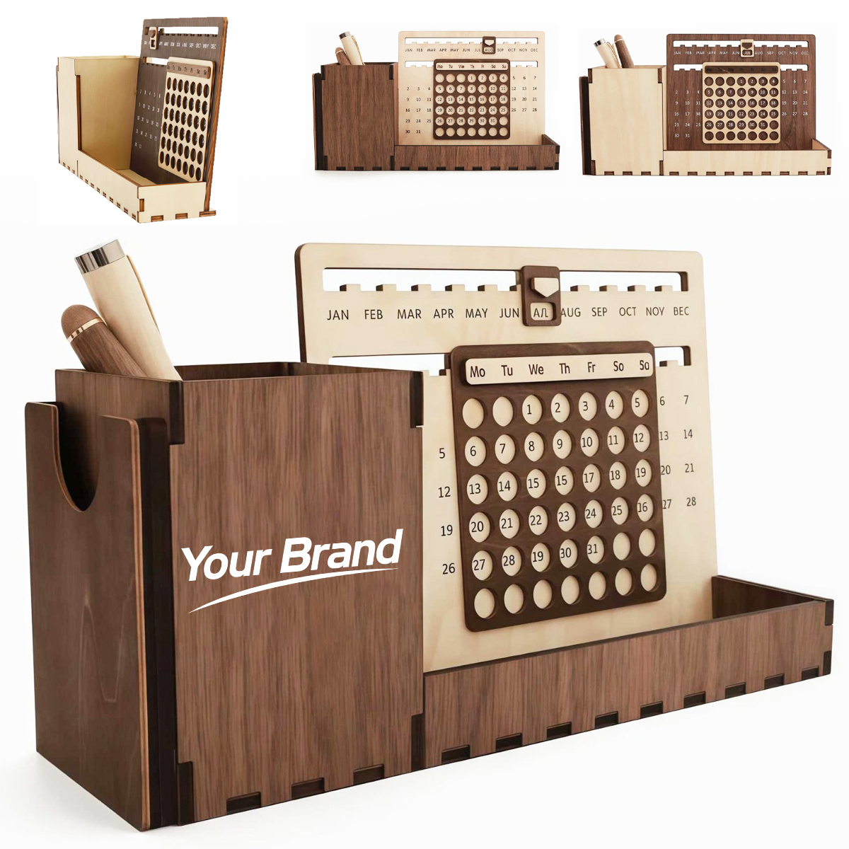 Creative Wooden Perpetual Calendar Desk Organizer&Pen Holder