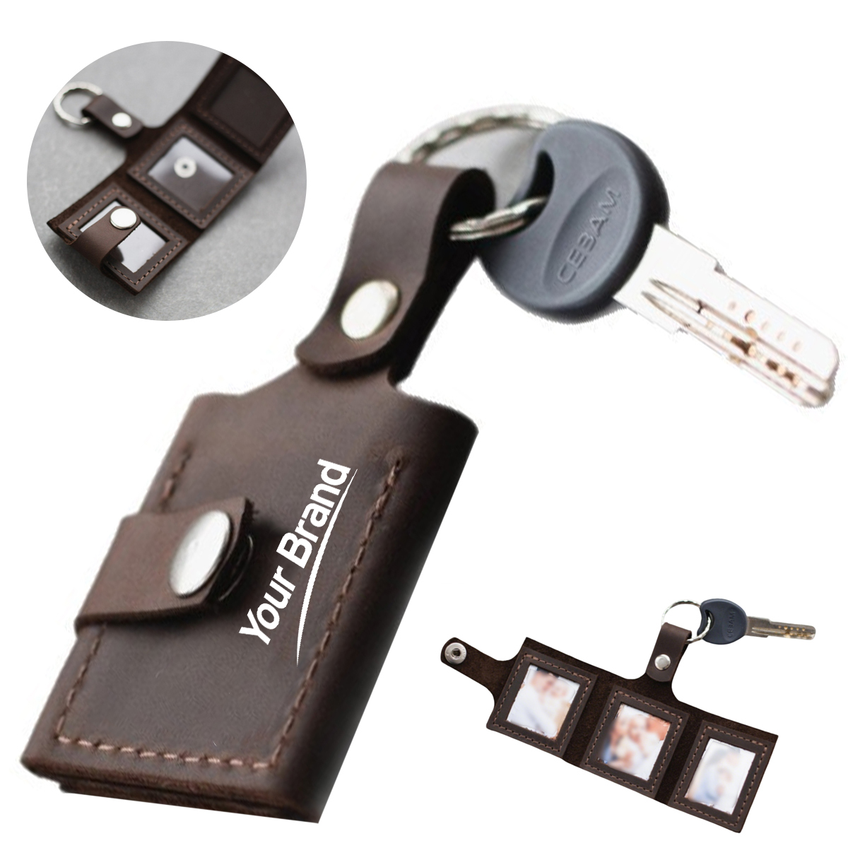Vintage Leather Tri-Fold Mini Photo Frame Keychain