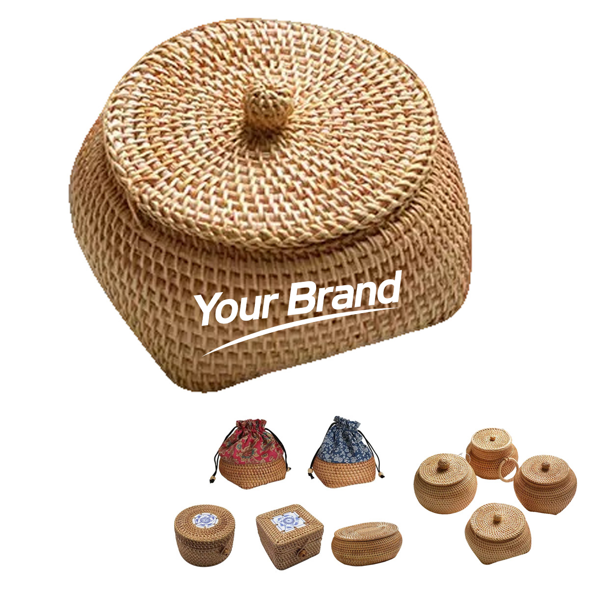 Handcrafted Rattan Round Desktop Storage Box with Lid