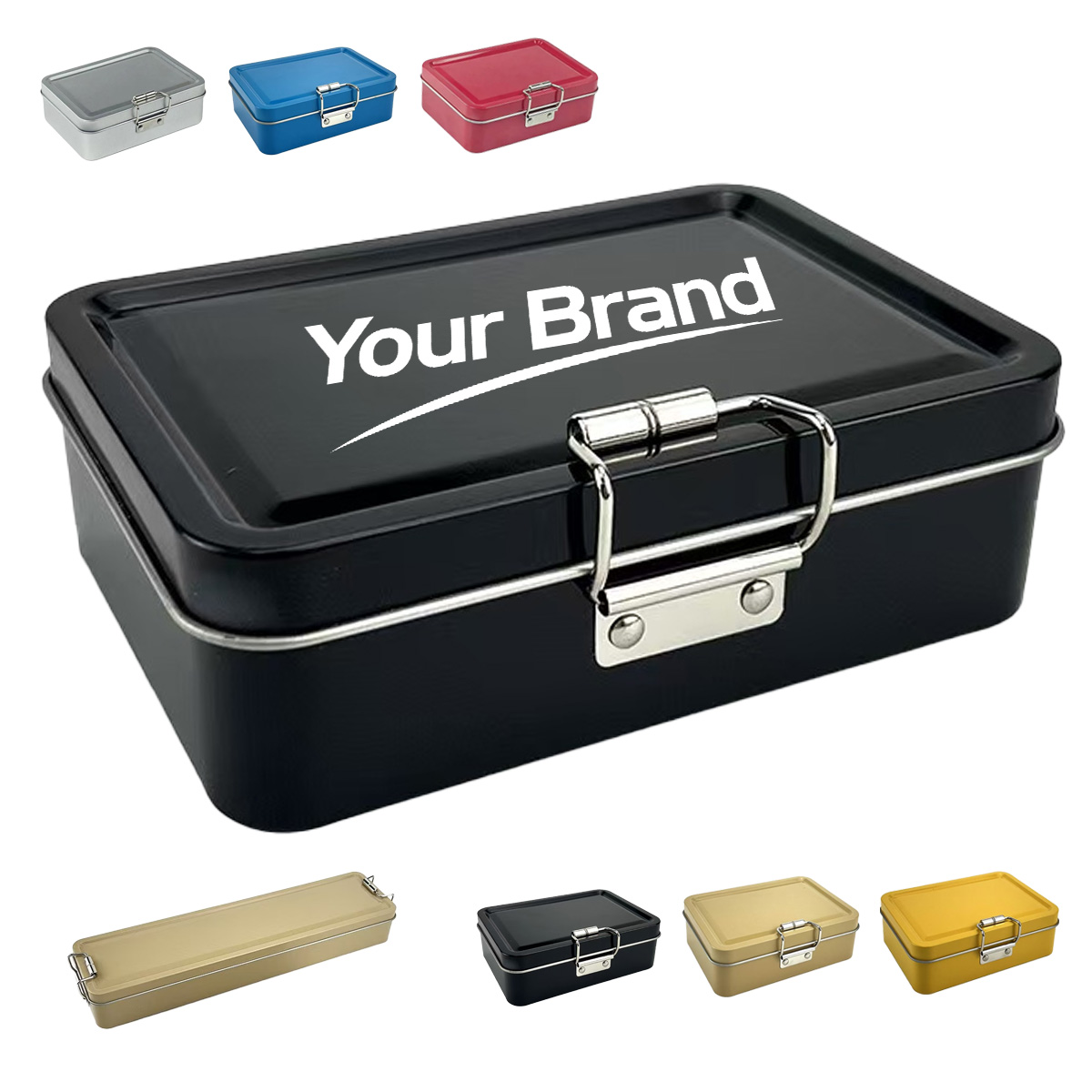 Custom Rectangular Hinged Metal Storage Tin w/ Safety Latch