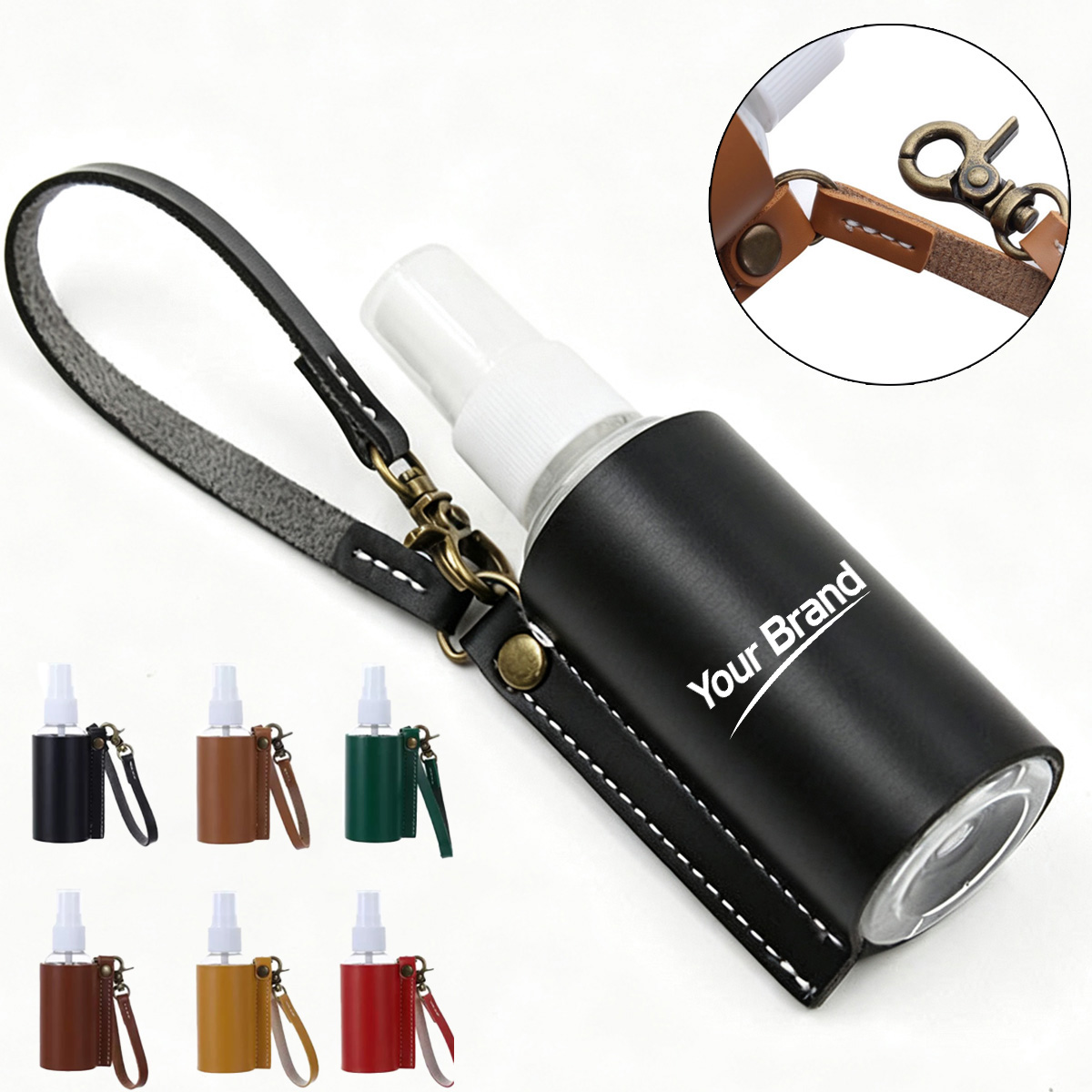 Travel Hand Sanitizer Bottle w/ Leather Keychain Sleeve