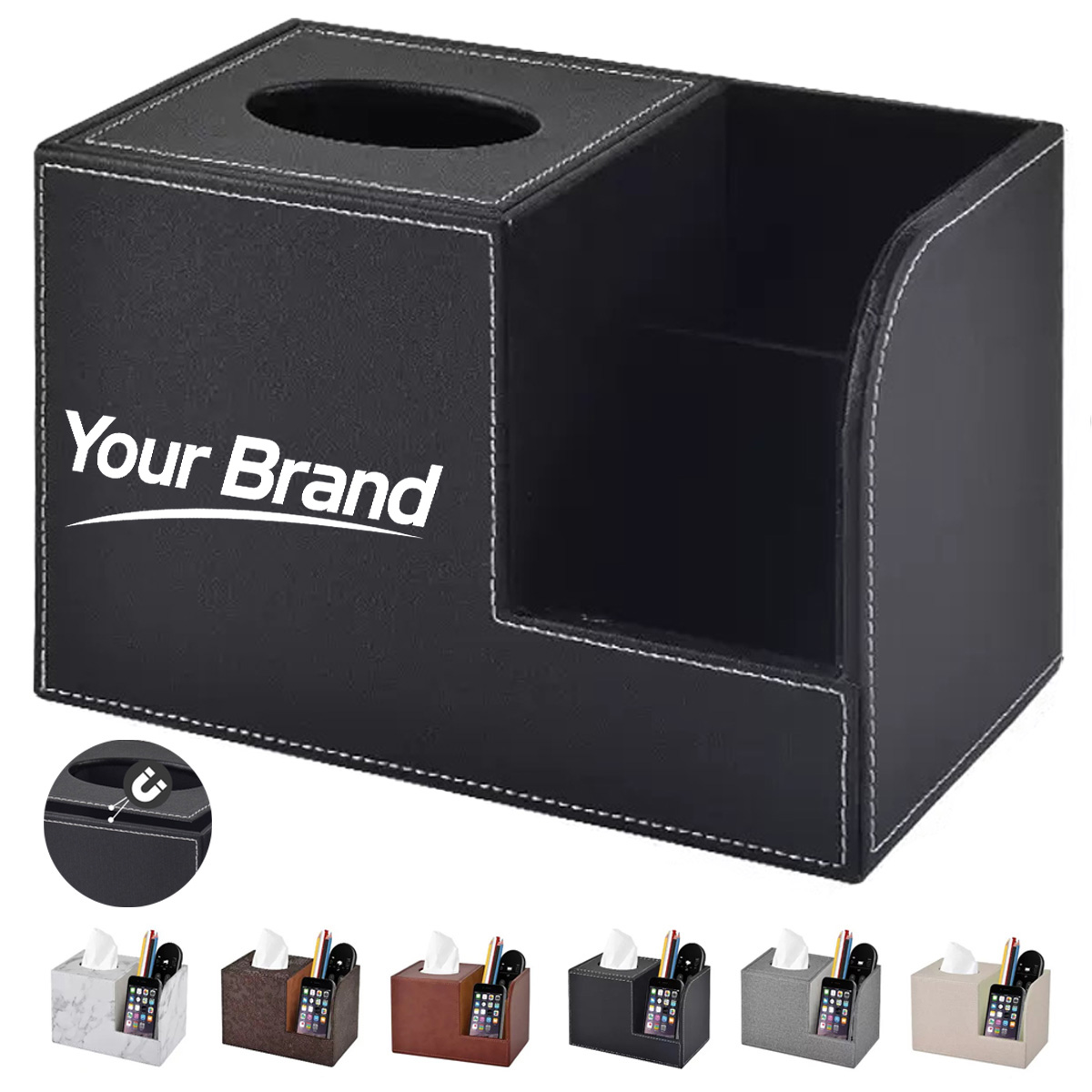 Deluxe Vegan Leather Tissue Box Cover and Desktop Organizer