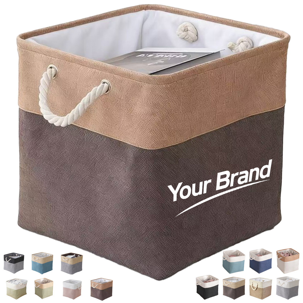Portable Fabric Storage Bin with Reinforced Rope Handles