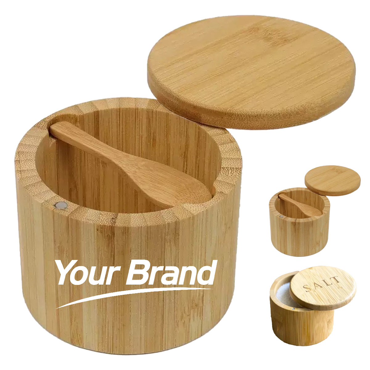 Magnetic Lid Bamboo Salt Cellar with Integrated Spoon