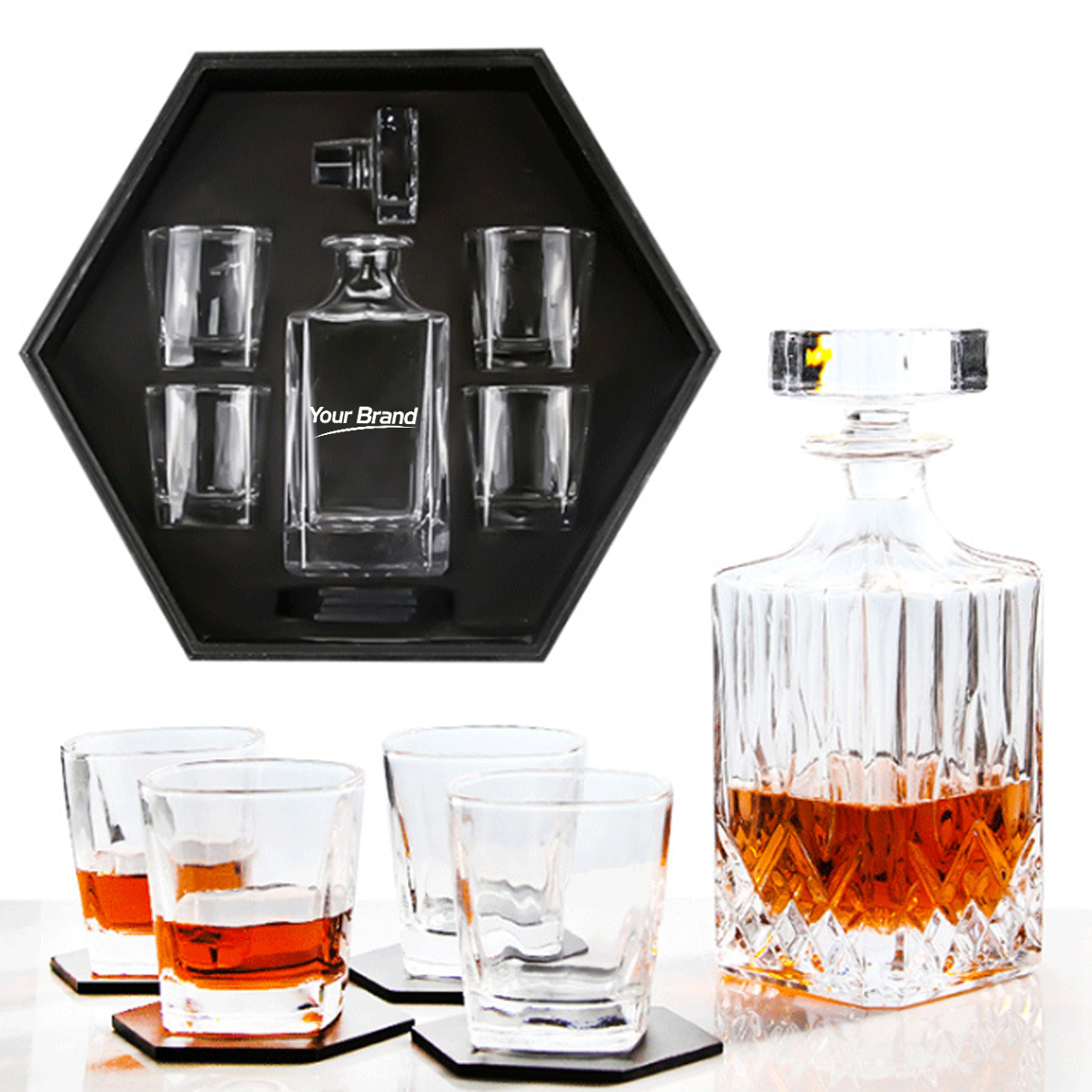 Crystal Whiskey Decanter & 4-Glass Gift Set in Hexagonal Box